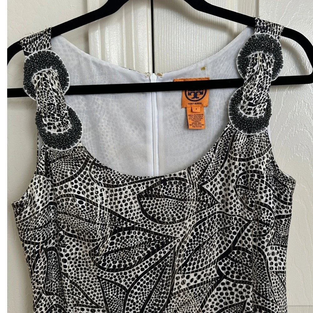 Tory Burch Silk Metallic Dotted‎ Leaf Dress Beaded Straps 8